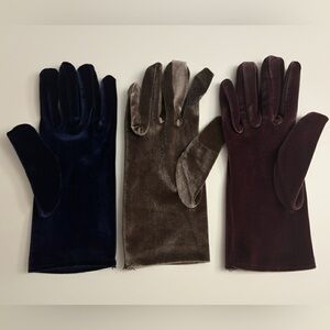 Three Elegant Velvet Gloves Set in Blue, Brown, and Burgundy